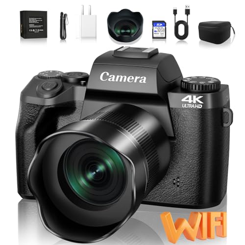 Saneen Digital Camera for Photography, 4K 64MP WiFi Touch Screen Vlogging Camera with Flash, 32GB SD Card, Lens Hood, 3000mAH Battery, Front and Rear Cameras, 4″Big Screen, Hot Shoe Interface - Black