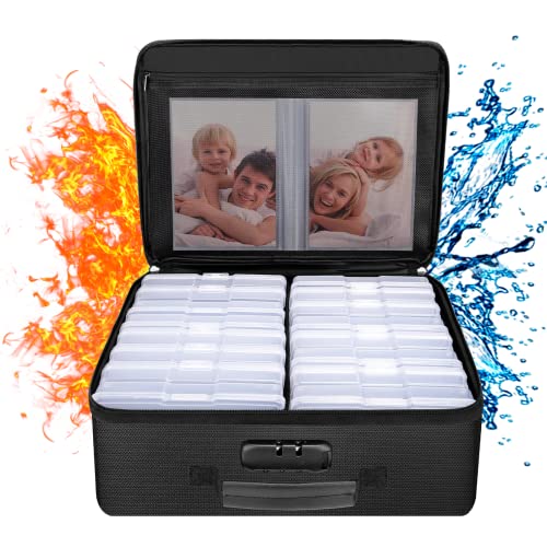 ENGPOW Fireproof Photo Storage Box with Lock,Photo Box Organizer with Divider＆Mesh Bag,Collapsible Portable Photo Storage Containers with Handle for Photos, Picture,Scrapbook,Art,Craft(Box Only)