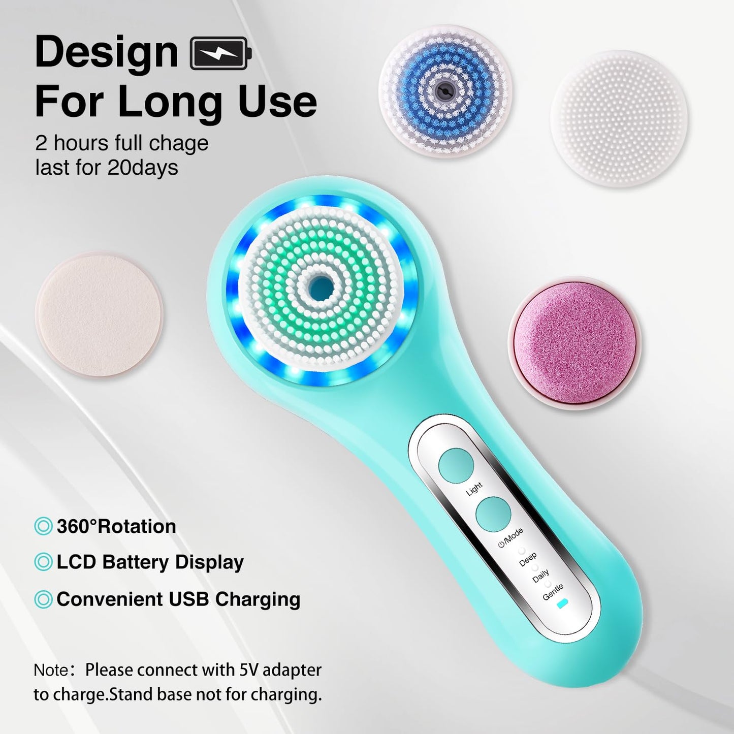 Face Scrubber Exfoliator,Facial Cleansing Brush Rechargeable IPX7 Waterproof with 5 Brush Heads,Electric Face Spin Brush for Exfoliating, Massaging and Deep Cleansing