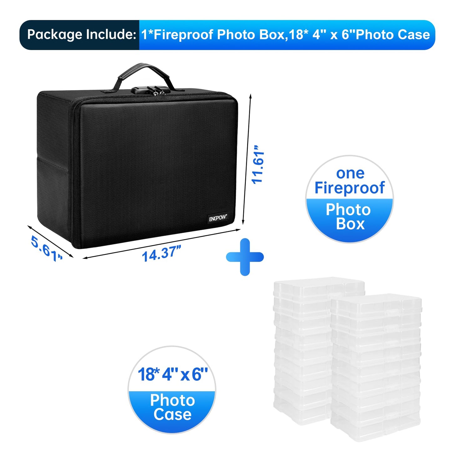 ENGPOW Fireproof Photo Storage Box with Lock,Photo Box Organizer with Divider＆Mesh Bag,Collapsible Portable Photo Storage Containers with Handle for Photos, Picture,Scrapbook,Art,Craft(Box Only)