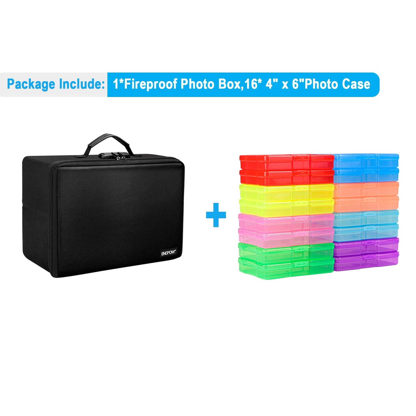 ENGPOW Fireproof Photo Storage Box with Lock,Photo Box Organizer with Divider＆Mesh Bag,Collapsible Portable Photo Storage Containers with Handle for Photos, Picture,Scrapbook,Art,Craft(Box Only)