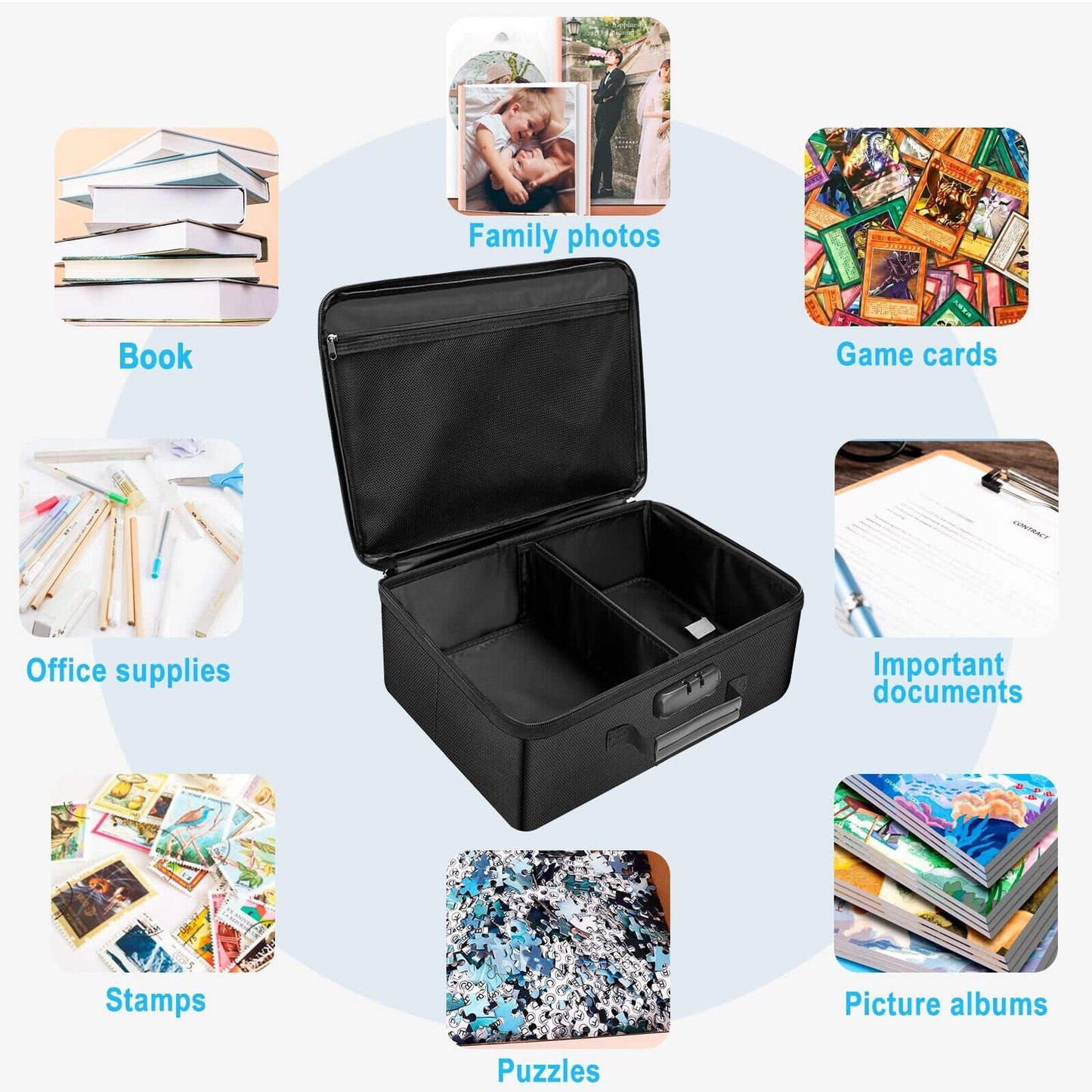 ENGPOW Fireproof Photo Storage Box with Lock,Photo Box Organizer with Divider＆Mesh Bag,Collapsible Portable Photo Storage Containers with Handle for Photos, Picture,Scrapbook,Art,Craft(Box Only)