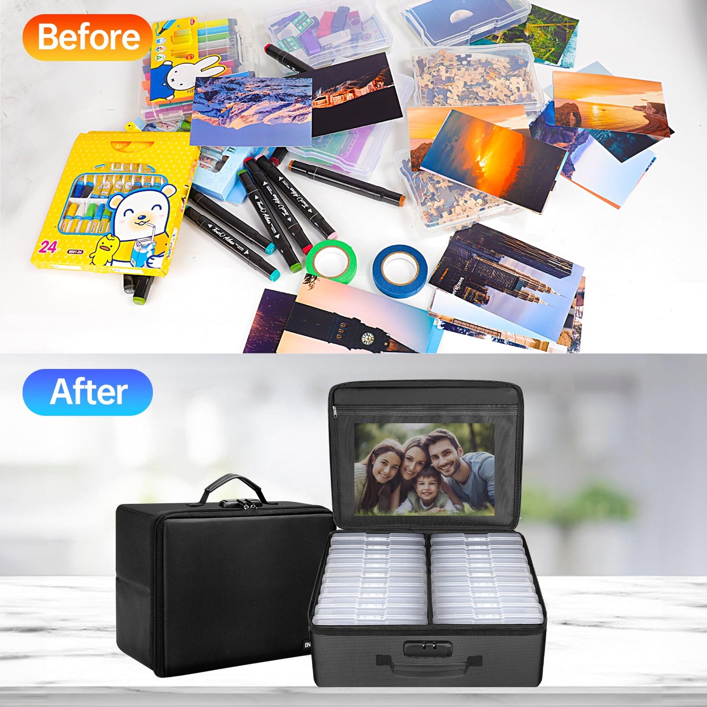 ENGPOW Fireproof Photo Storage Box with Lock,Photo Box Organizer with Divider＆Mesh Bag,Collapsible Portable Photo Storage Containers with Handle for Photos, Picture,Scrapbook,Art,Craft(Box Only)