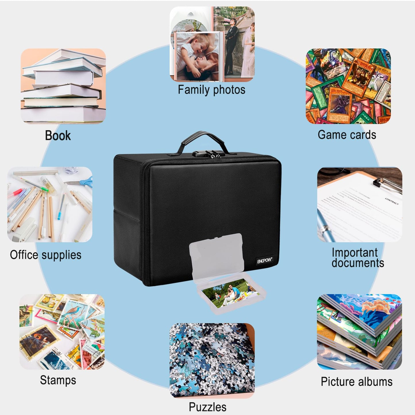 ENGPOW Fireproof Photo Storage Box with Lock,Photo Box Organizer with Divider＆Mesh Bag,Collapsible Portable Photo Storage Containers with Handle for Photos, Picture,Scrapbook,Art,Craft(Box Only)