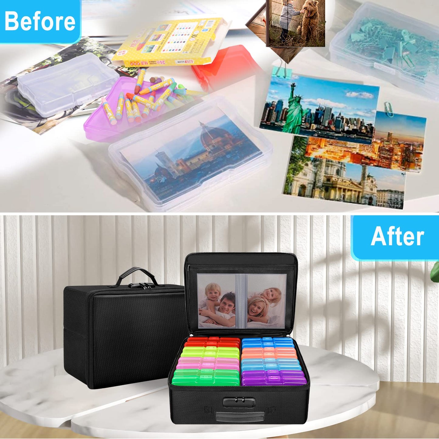 ENGPOW Fireproof Photo Storage Box with Lock,Photo Box Organizer with Divider＆Mesh Bag,Collapsible Portable Photo Storage Containers with Handle for Photos, Picture,Scrapbook,Art,Craft(Box Only)