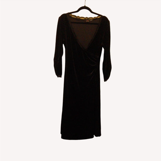 Vintage Black Velvet Midi Dress With V-Neck & Long Sleeves