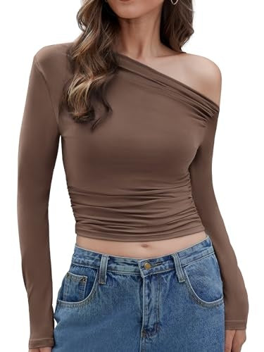 Women's Shoulder Asymmetric Solid Color Top Long Sleeve